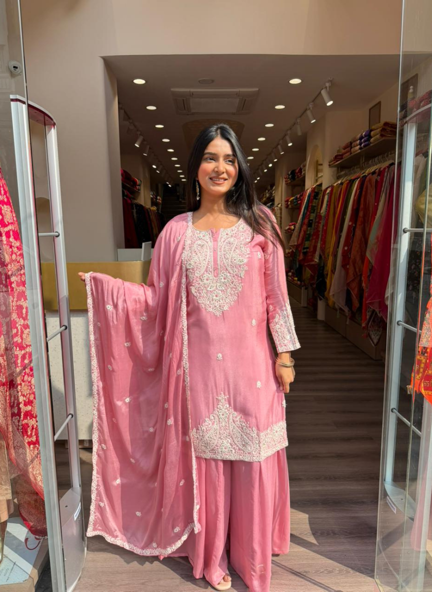 Women Blush Pink Embroidered Kurta Set with Dupatta | Festive & Wedding Wear