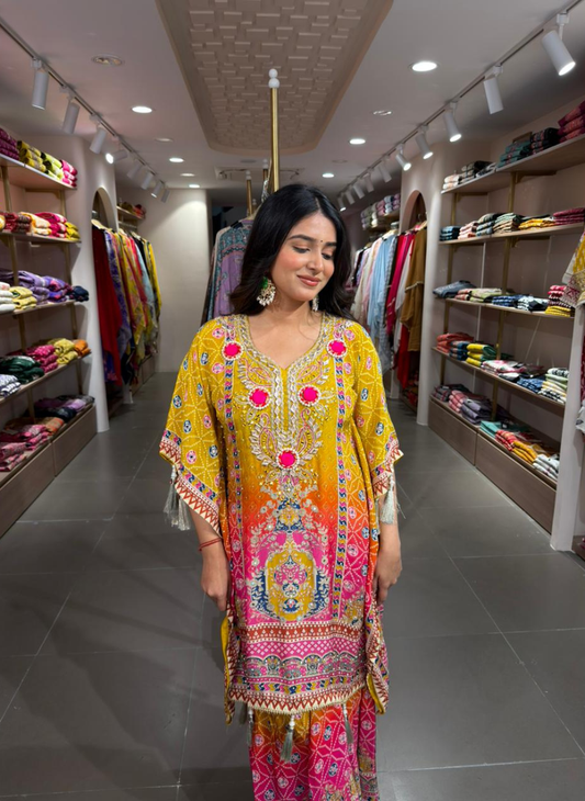 Women Yellow Multicolor Printed Kaftan Kurta Set with Palazzo | Festive Ethnic Wear