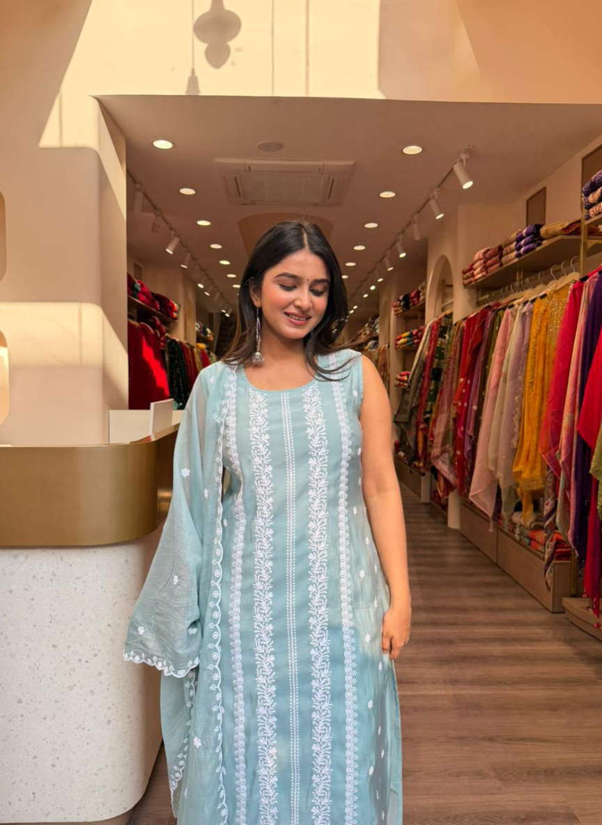 Women Mint Green Embroidered Kurta Set with Dupatta | Summer Festive Wear