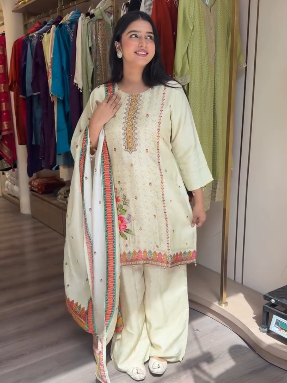 Ivory Floral Embroidered Kurta Palazzo Set with Printed Dupatta for Women