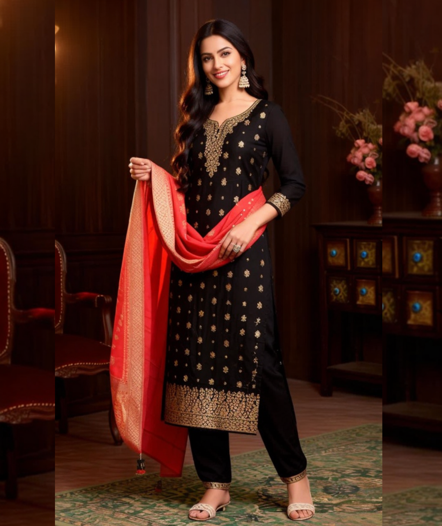 Women Black Embroidered Kurta Pant Set with Red Dupatta | Festive Ethnic Wear Suit
