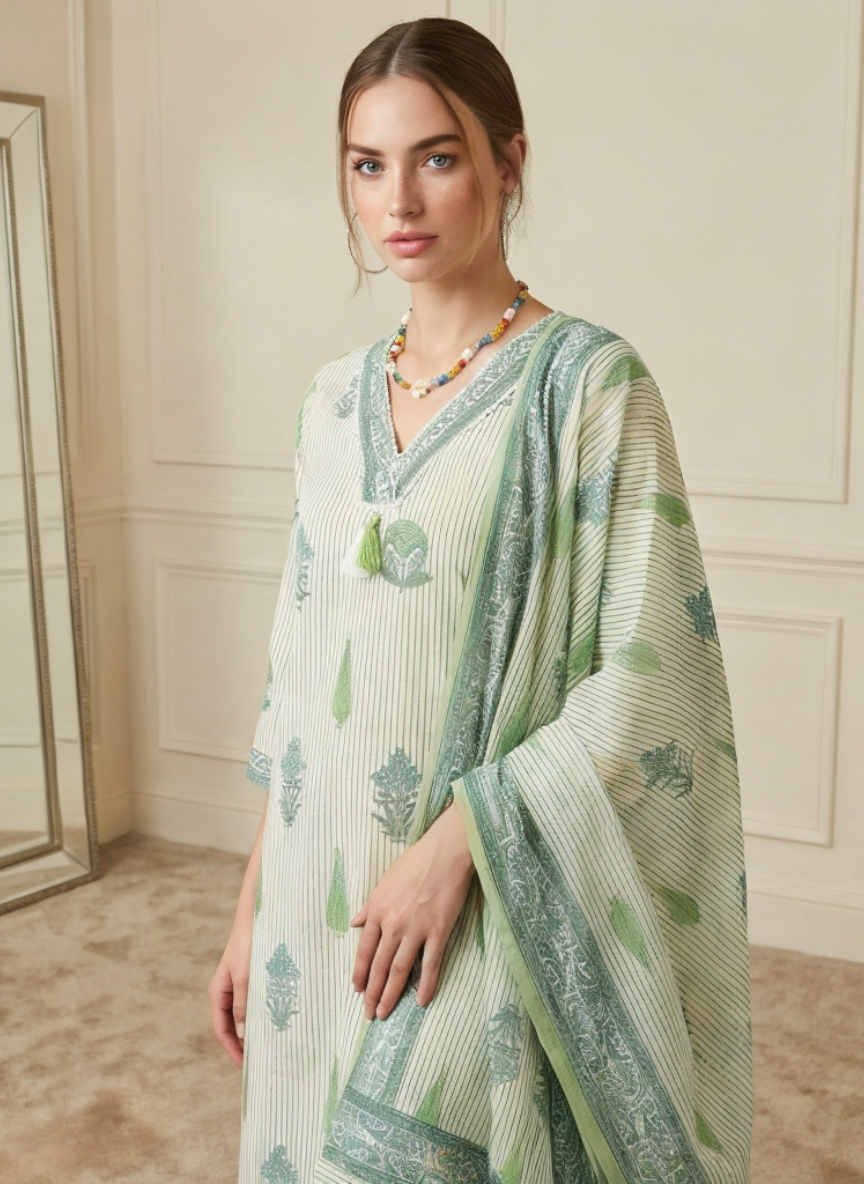 Green Cotton Printed Kurta Set with Dupatta for Women | Summer Ethnic Wear