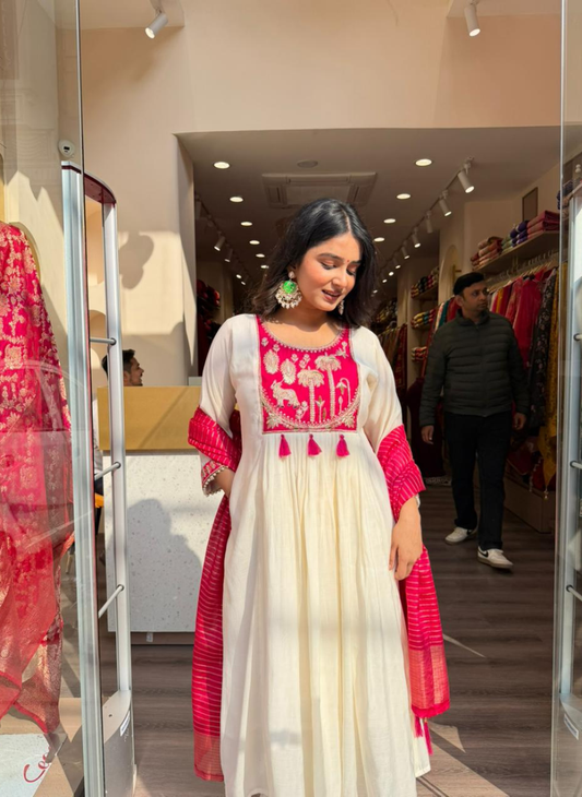 Elegant Off-White & Rani Pink Embroidered Anarkali Kurti Set for Women