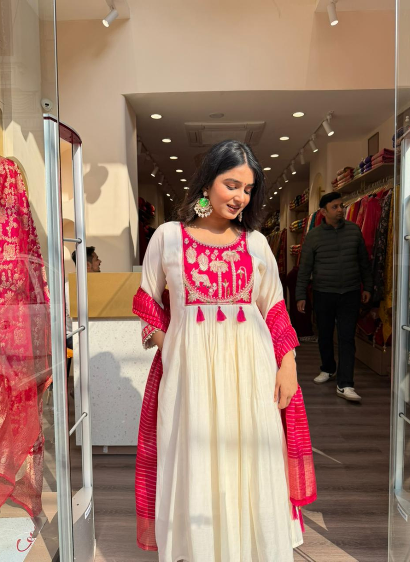 Elegant Off-White & Rani Pink Embroidered Anarkali Kurti Set for Women