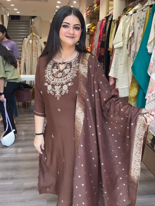 Elegant Brown Embroidered Salwar Kameez with Golden Dupatta