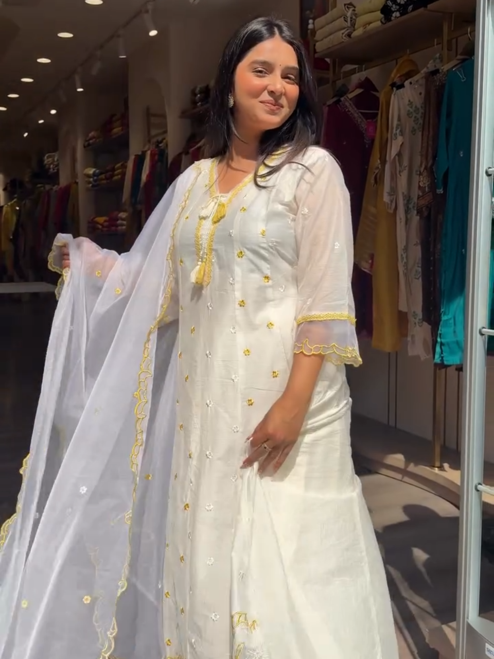White & Sunshine Yellow Embroidered Kurta Set with Dupatta – Women's 3 Piece Ethnic Suit Set