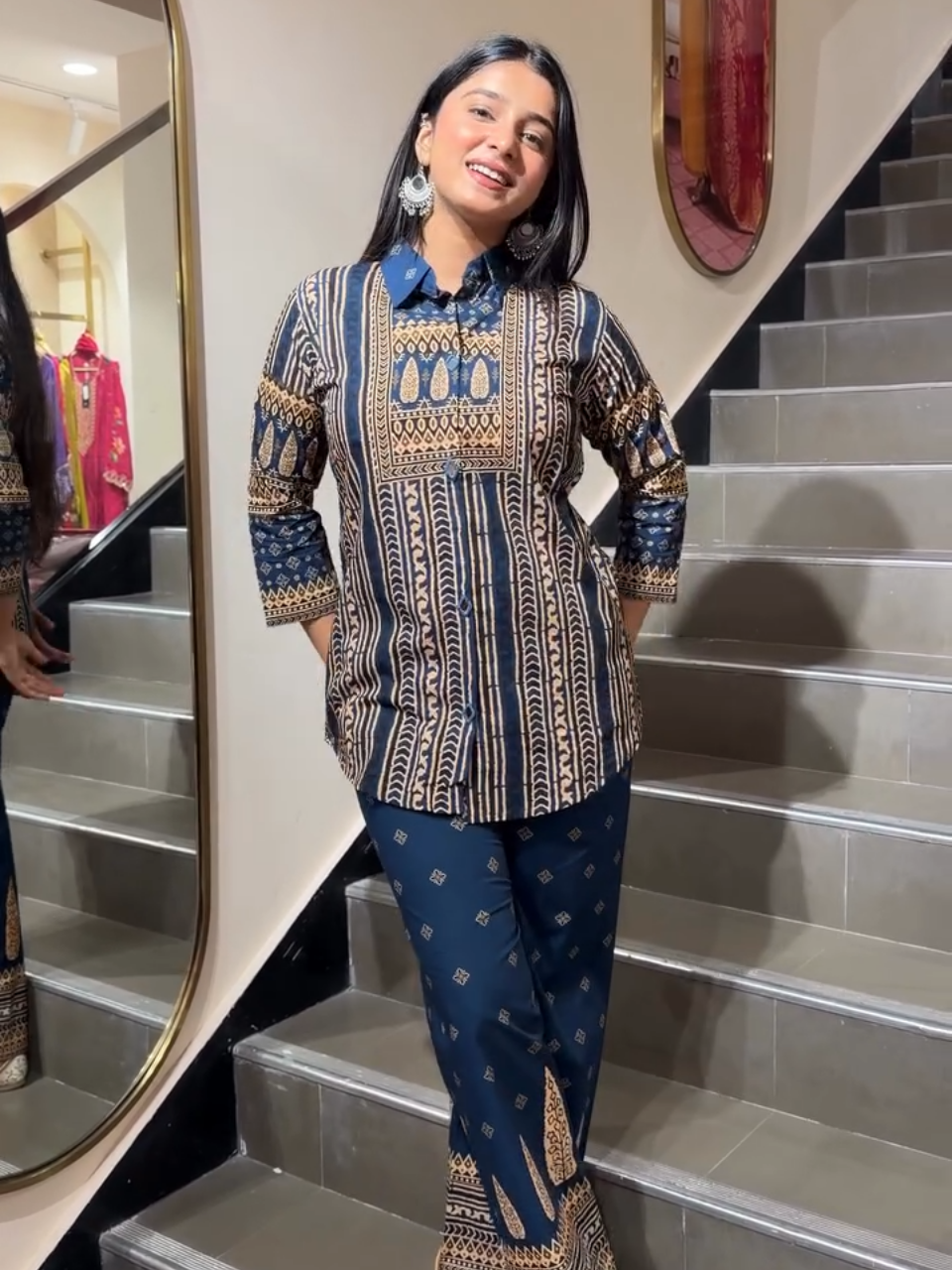Midnight Blue Ethnic Printed Co-Ord Set for Women