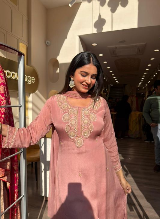 Women Blush Pink Embroidered Kurta Set with Dupatta | Elegant Festive Ethnic Wear