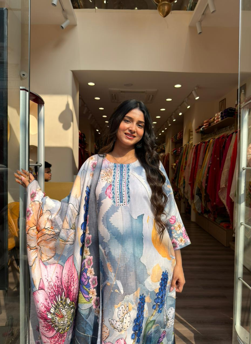 Sky Blue Abstract Floral Printed Straight Kurta Pant Set with Dupatta for Women