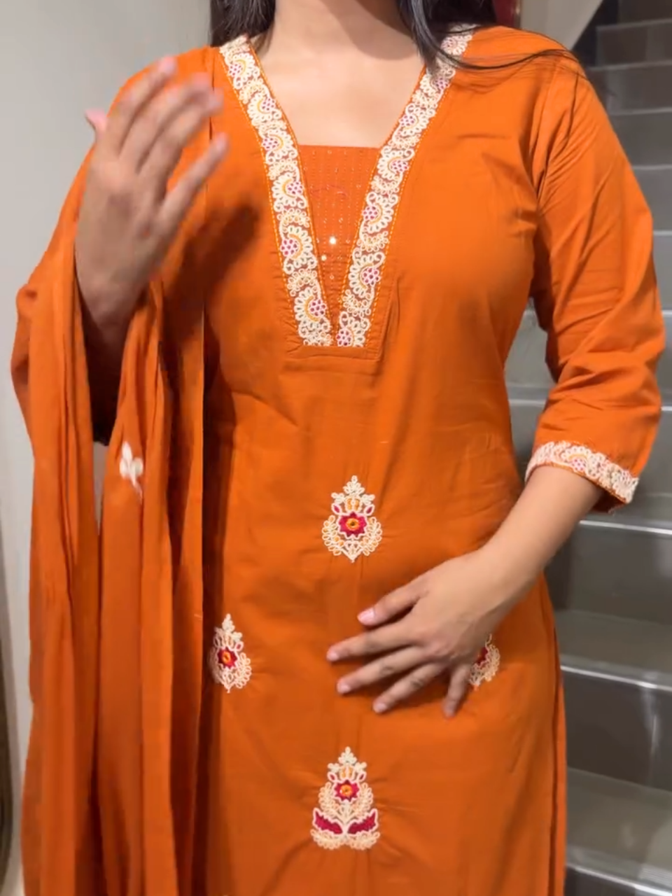Burnt Orange Embroidered Kurta Set with Dupatta for Women | Festive Ethnic Wear