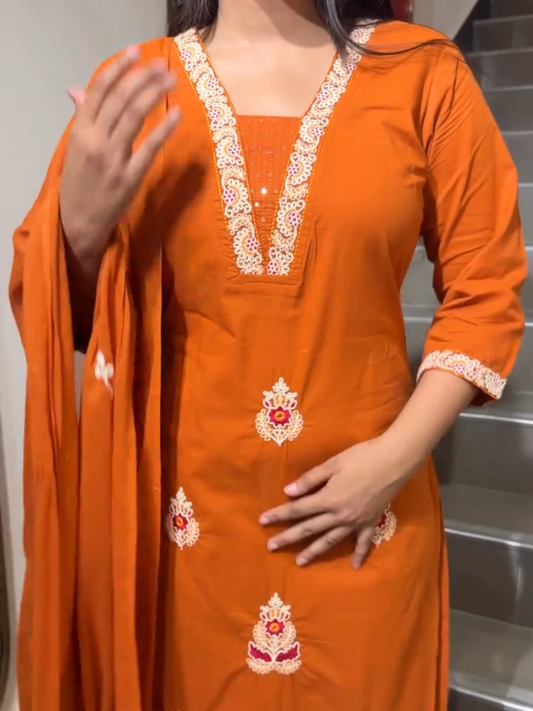 Burnt Orange Embroidered Kurta Set with Dupatta for Women | Festive Ethnic Wear