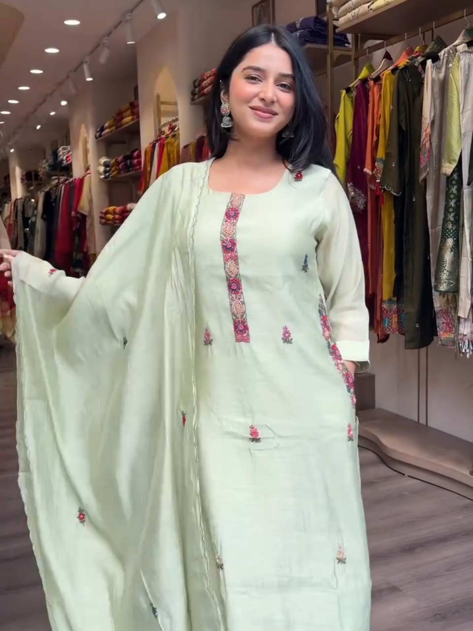 Women Mint Green Embroidered Kurta Pant Set with Dupatta | Elegant Ethnic Wear
