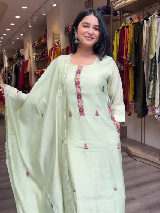 Women Mint Green Embroidered Kurta Pant Set with Dupatta | Elegant Ethnic Wear