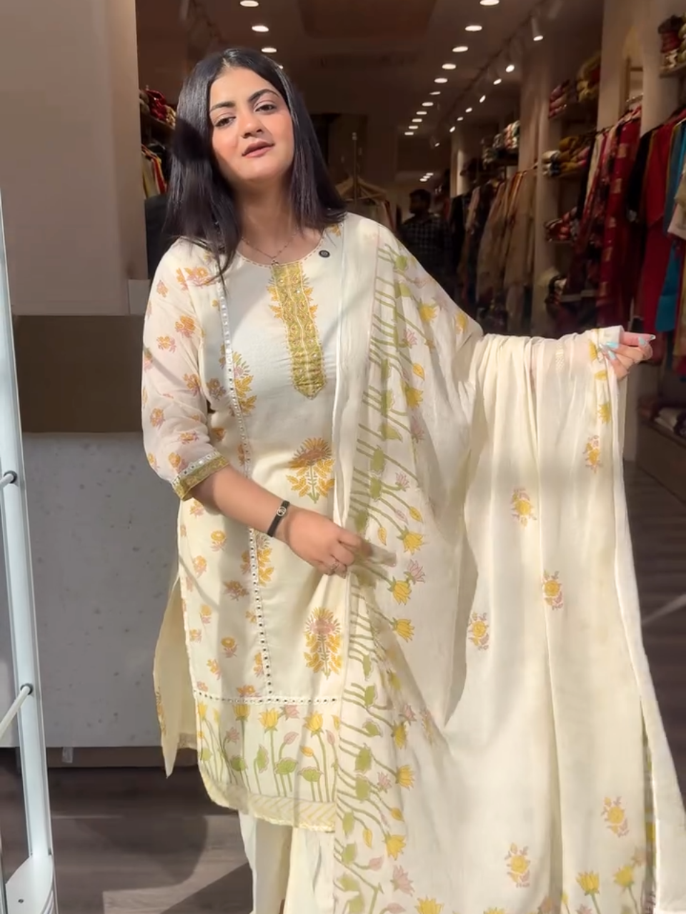 Cream Floral Printed Kurta Set with Dupatta for Women | Elegant Ethnic Wear