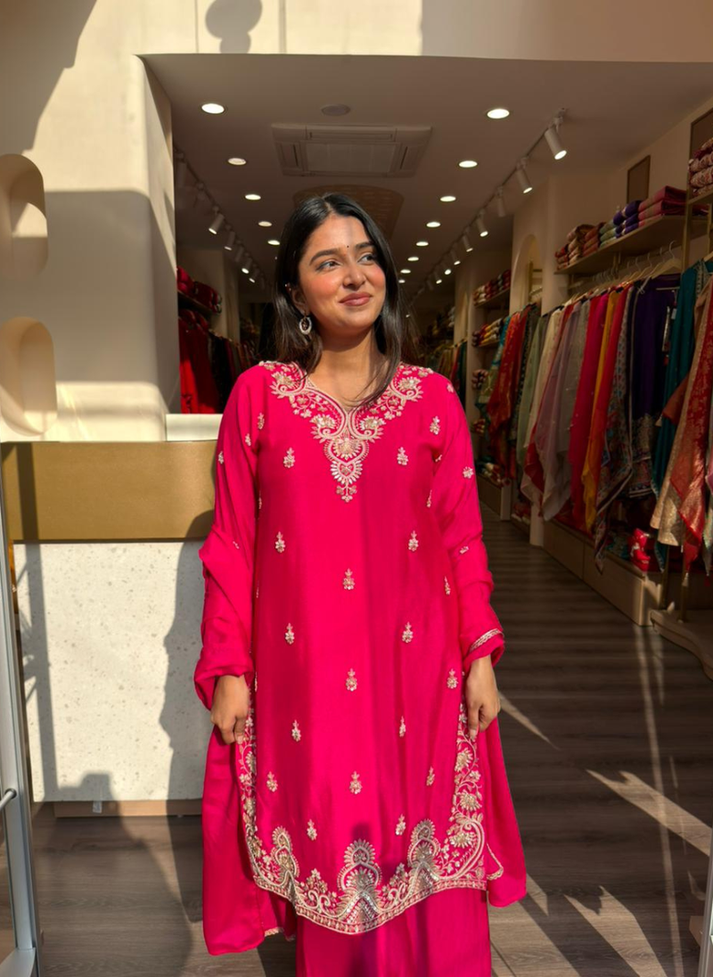 Rani Pink Embroidered Kurta Set with Palazzo – Festive & Party Wear for Women
