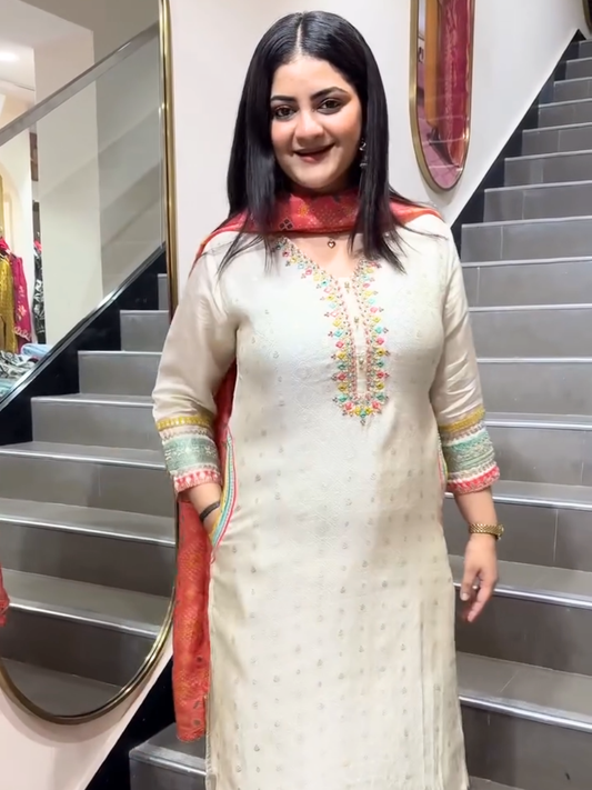 Elegant Off White Embroidered Kurta Set with Printed Dupatta for Women