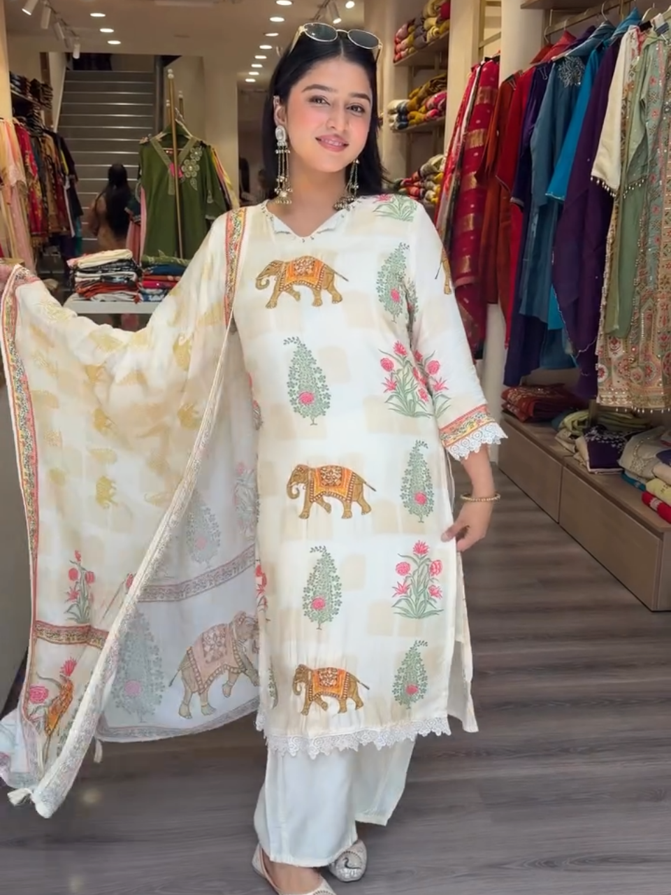 Cream Elephant Printed Kurta Set with Dupatta for Women | Elegant Ethnic Wear