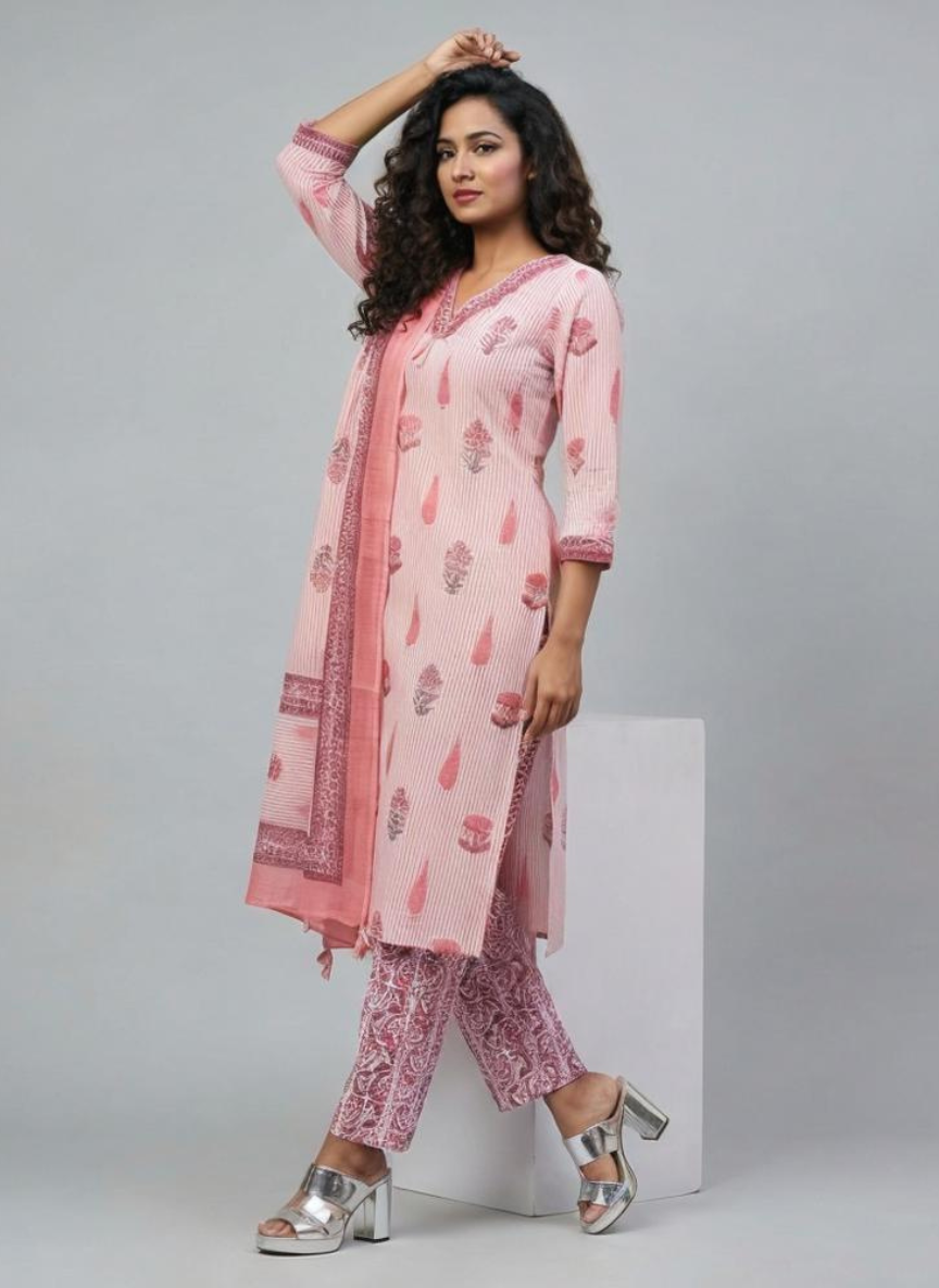 Women Pink Printed Cotton Kurta Pant Dupatta Set