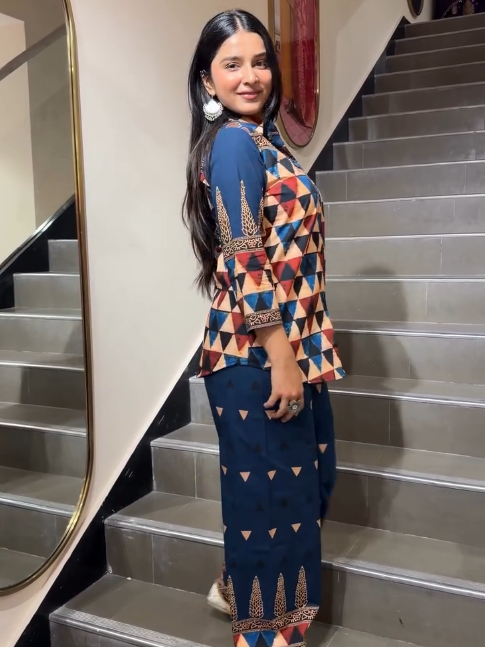 Navy Blue Geometric Printed Co-Ord Set for Women