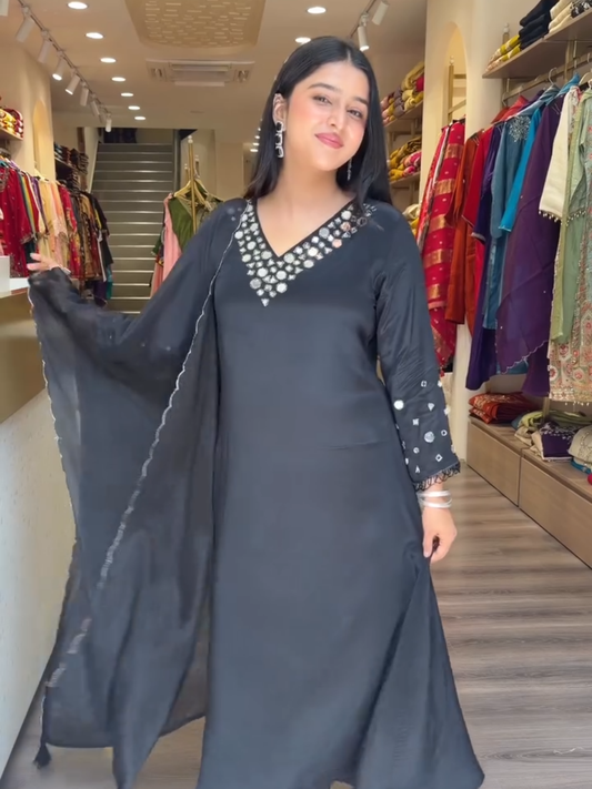 Elegant Black Mirror Work Kurta Set with Dupatta for Women
