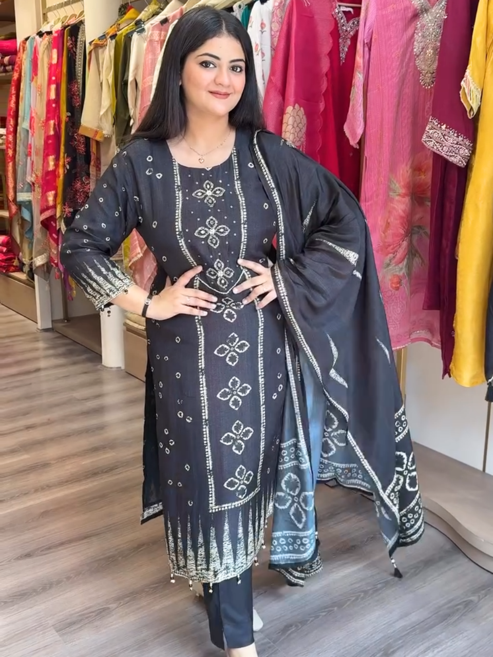Black Embroidered Ethnic Suit with Dupatta for Women