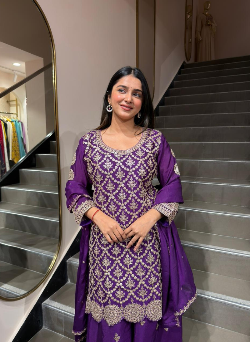 Purple Embroidered Silk Kurta Set with Dupatta – Heavy Festive & Wedding Wear for Women