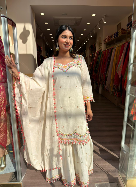 Women Ivory White Embroidered Kurta Sharara Set with Dupatta | Festive & Wedding Wear Ethnic Suit