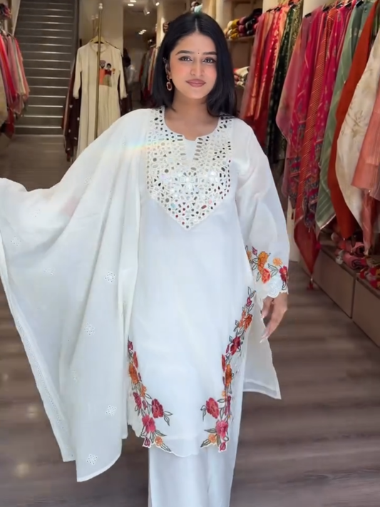White Floral Embroidered Kurta Palazzo Set with Dupatta for Women | Elegant Ethnic Wear