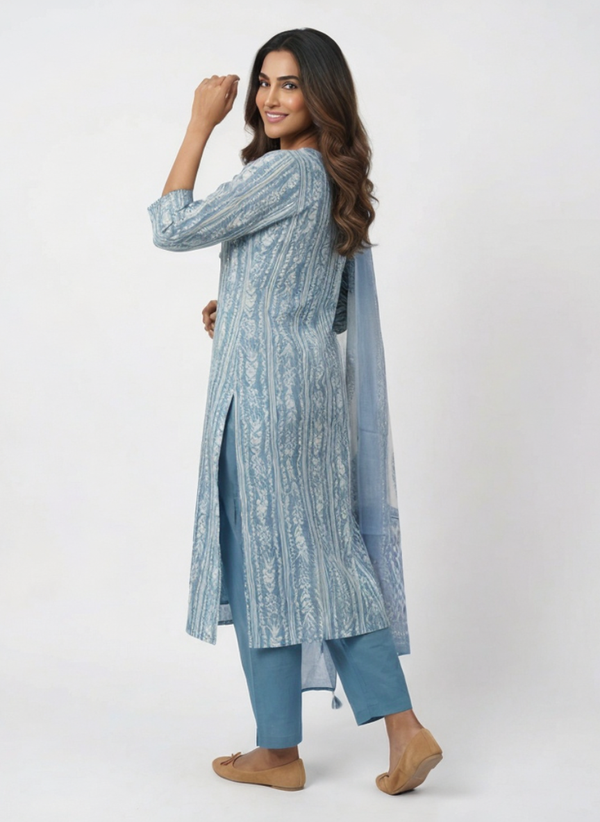Women Sky Blue Printed Cotton Kurta Pant Dupatta Set