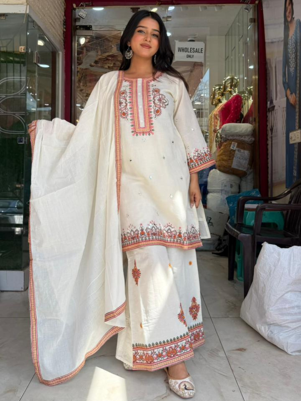 Women Off-White Embroidered Kurta Palazzo Set with Dupatta | Elegant Ethnic Wear