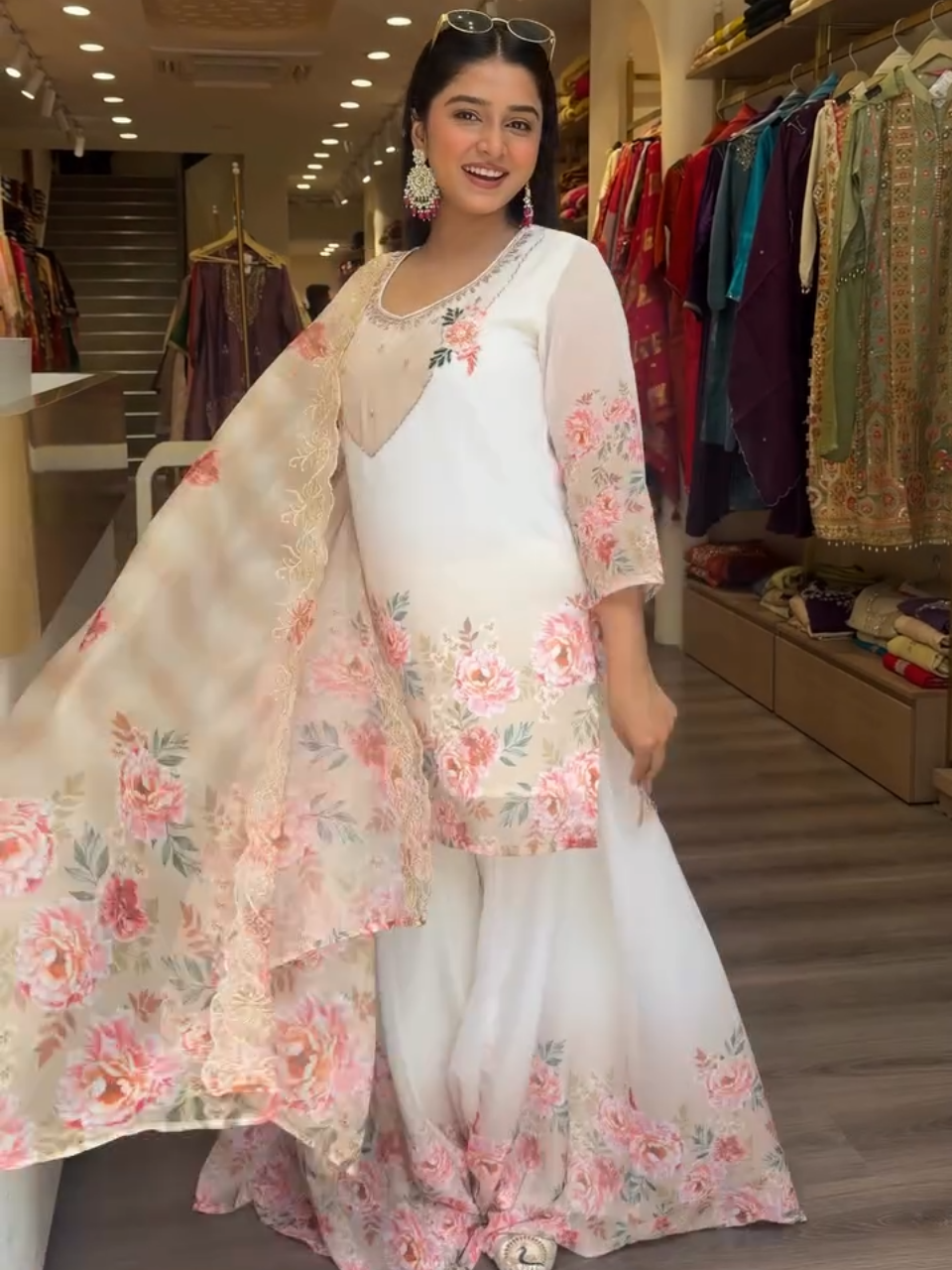 Elegant White Floral Printed Sharara Suit Set for Women