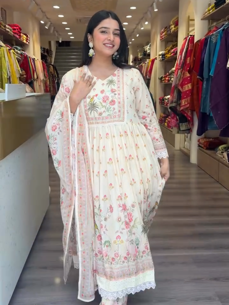 Elegant Floral Anarkali Suit with Dupatta for Women – Cream Pink Ethnic Wear