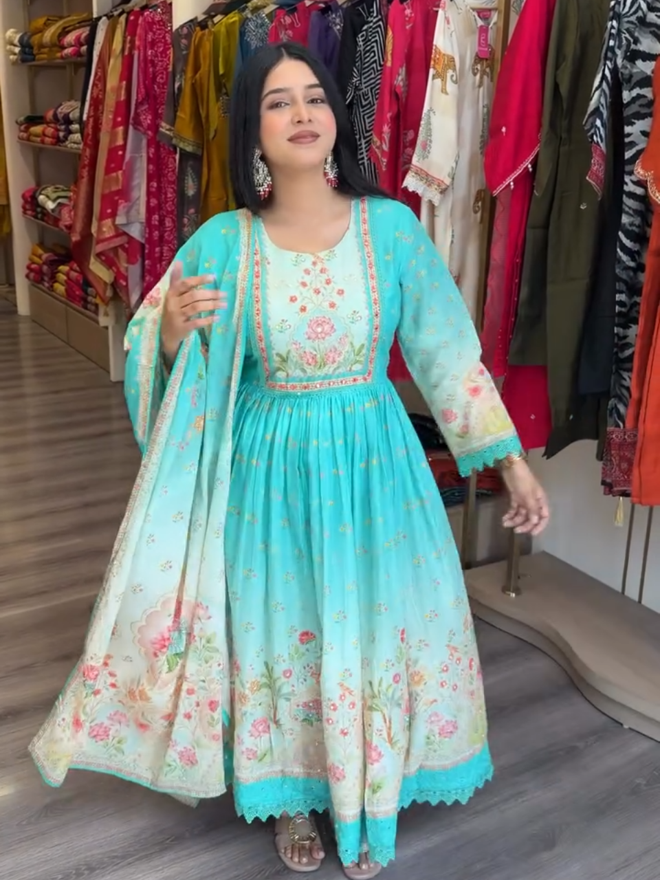 Sky Blue Floral Anarkali Cotton Kurta Set with Dupatta for Women
