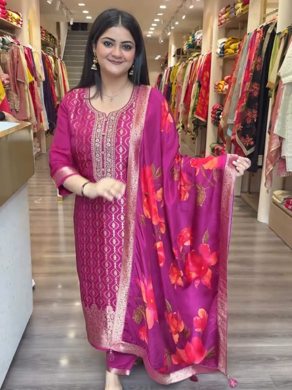 Vibrant Magenta Floral Printed Salwar Kameez with Matching Dupatta