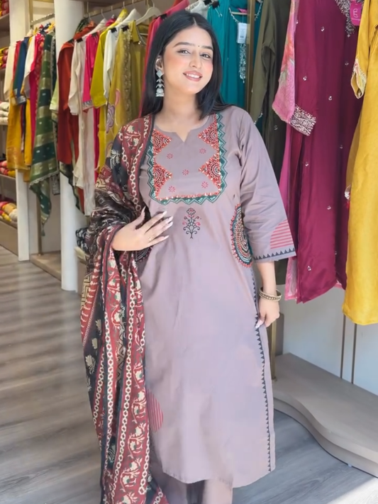 Taupe Brown Printed Kurta Set with Designer Dupatta – Women's 3 Piece Ethnic Suit Set