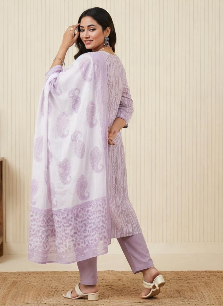 Lavender Printed Kurta Set with Dupatta for Women | Elegant Ethnic Kurti Pant Set | Festive & Office Wear