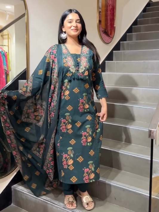 Elegant Dark Green Floral Printed Suit with Dupatta for Women