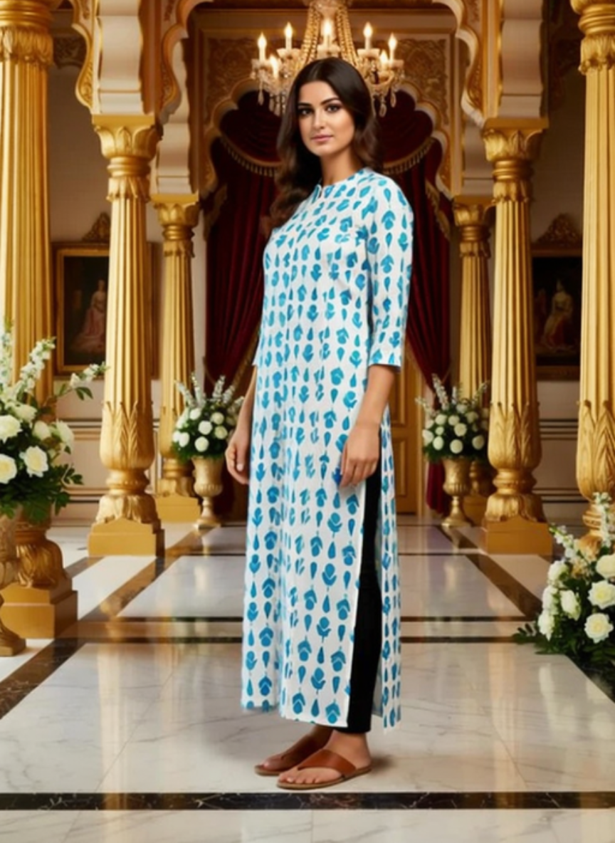 Woman in blue and white printed kurta standing in a grand ornate hall with floral decor, Encourage Fashion.