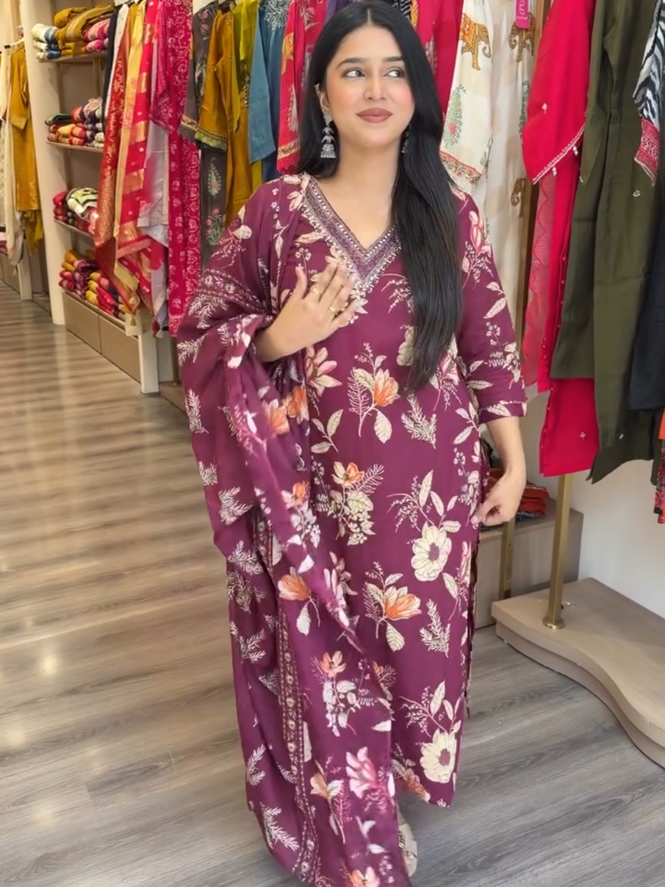 Wine Purple Floral Printed Cotton Kurta Set with Dupatta for Women