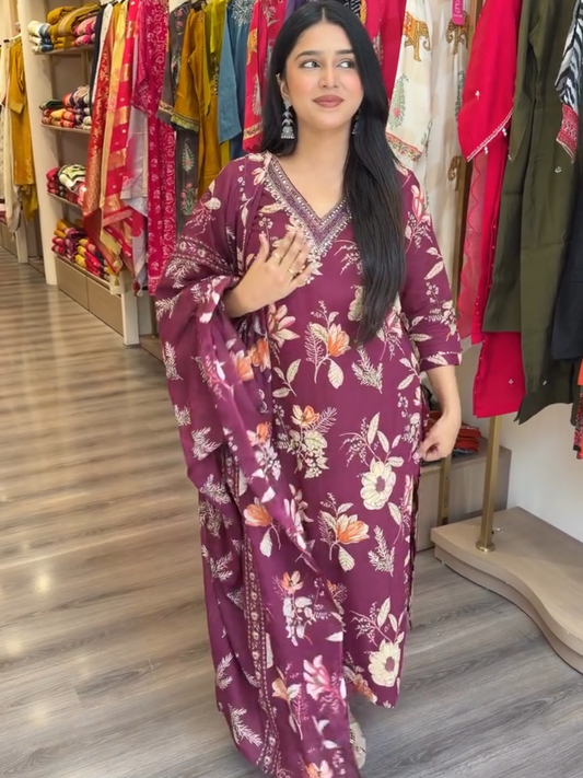 Wine Purple Floral Printed Cotton Kurta Set with Dupatta for Women