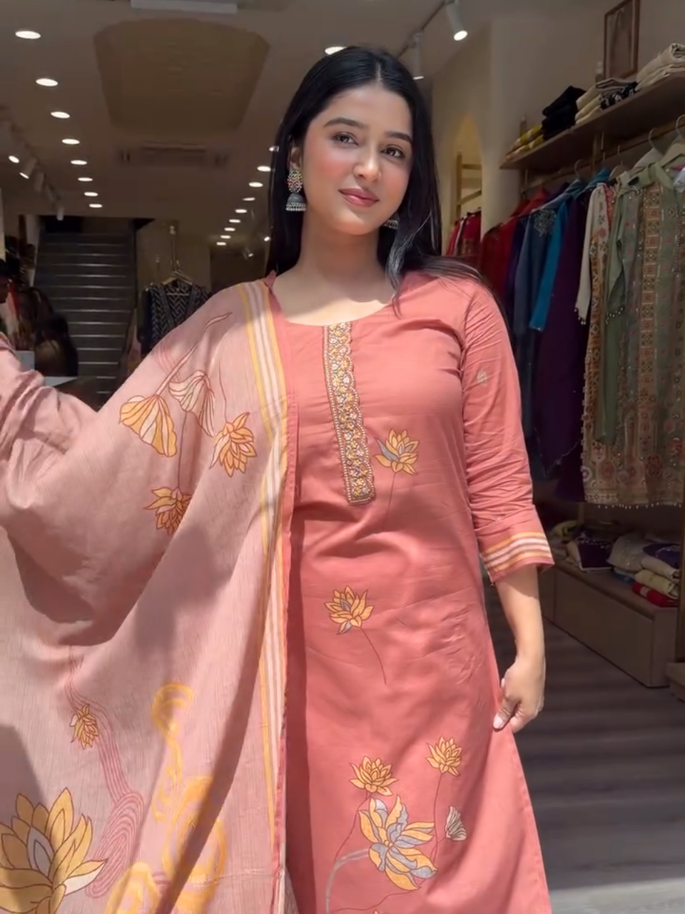 Rust Pink Floral Printed Suit with Dupatta for Women
