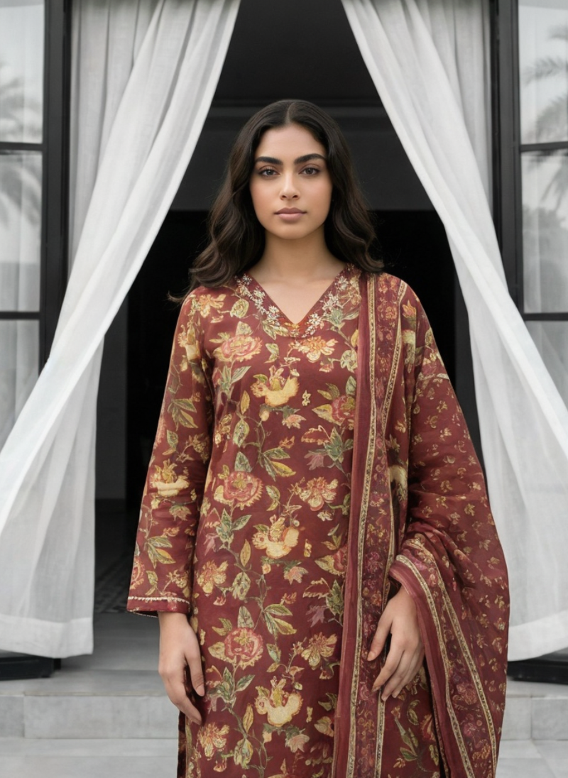 Onion Color Floral Printed Straight Kurta Pant Set with Dupatta for Women