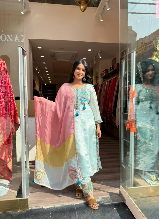 Pastel Blue Embroidered Kurti Suit Set with Pink Contrast Dupatta for Women