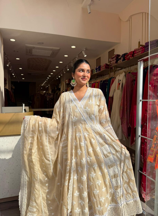 Ivory Chikankari Anarkali Kurta Set with Dupatta – Elegant Festive Wear for Women