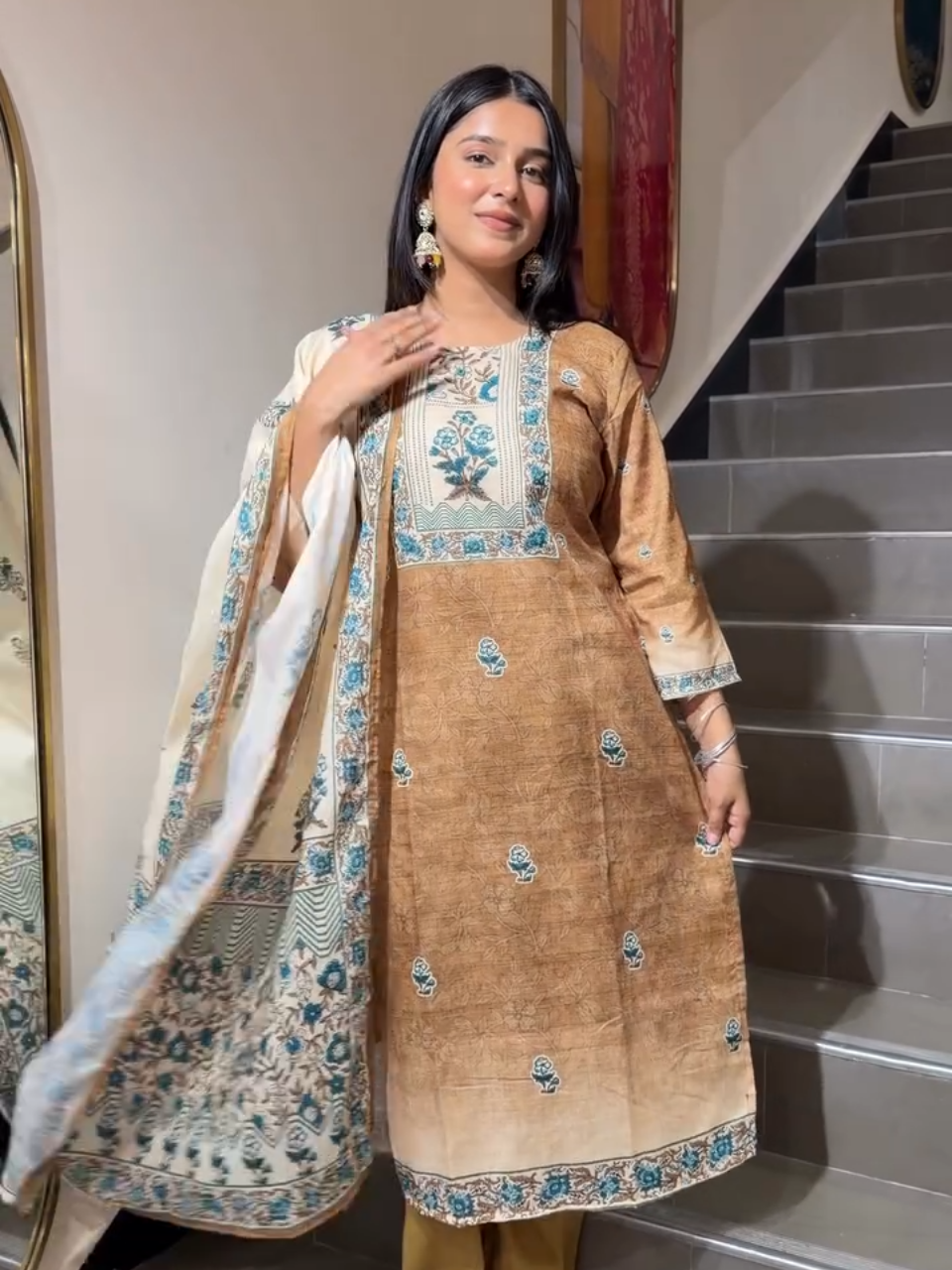 Elegant Brown Floral Printed Cotton Kurta Set with Dupatta for Women