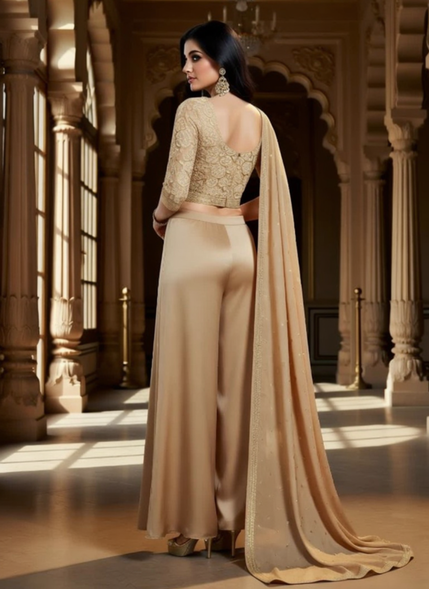 Elegant Beige Gold Embroidered Indo Western 3 Piece Set for Women