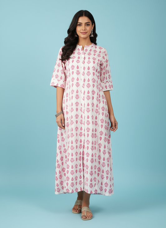 Women’s Cotton White & Pink Kurti Handblock Printed Design