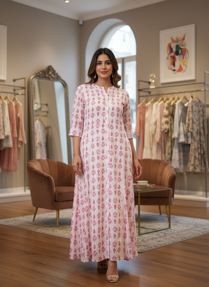 Women’s Cotton White & Pink Kurti Handblock Printed Design