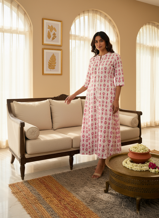 Woman in pink and white printed kurta dress standing in stylish living room, Encourage Fashion