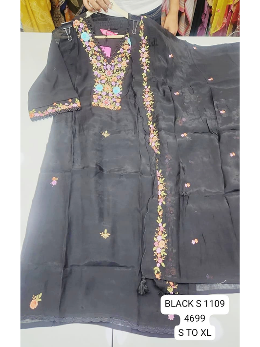Black Embroidered Kurta Set with Dupatta for Women